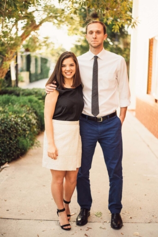 Naples engagement portraits with golden hour light at Hotel Escalante