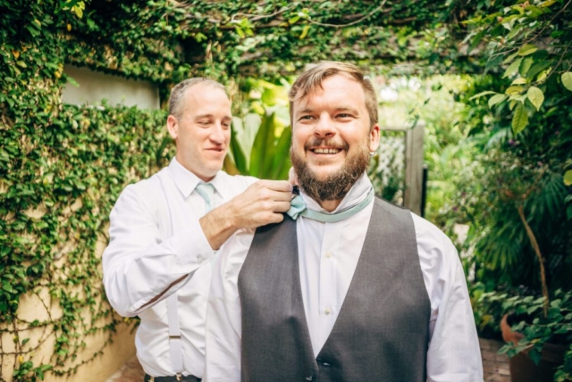 Bride and groom’s portrait in Hotel Escalante courtyard, Naples wedding photographer