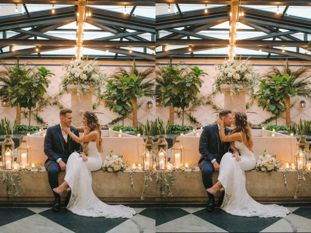Erin and Matteo's wedding portrait at Oxford Exchange, capturing an intimate moment with elegant lighting and lush greenery, by Stills by Hernan, Tampa's premier wedding photographer
